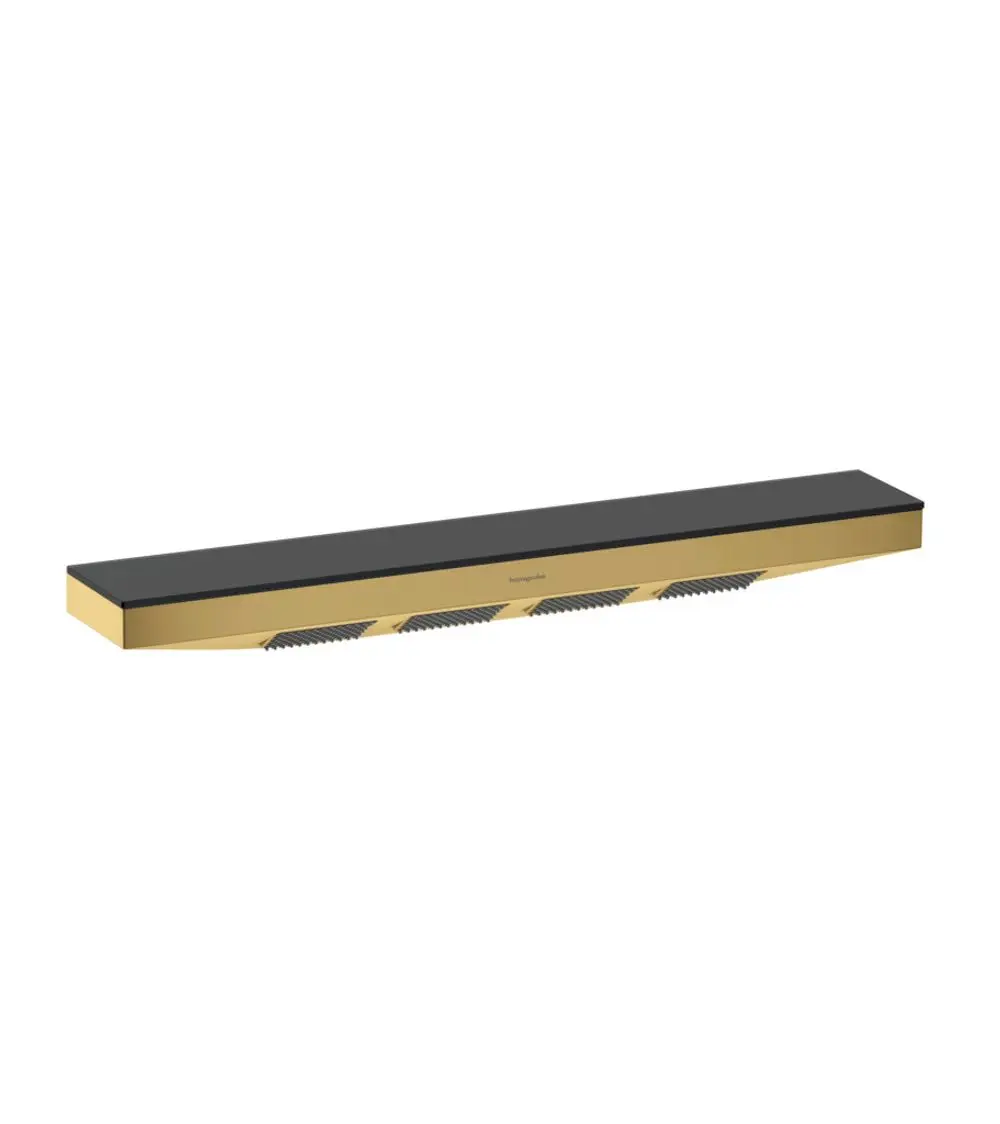 Hansgrohe Duschablage in Polished Gold Optic, rechteckige Form mit strukturierten Rillen und einer glatten Oberseite, geeignet für die Montage in Duschbereichen.